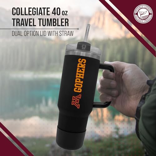 Image of Campus Colors College & University 40 oz Travel Tumbler With Handle - Dual Option Lid With Straw - Vacuum Insulated Stainless Steel (Minnesota Golden Gophers - Black)