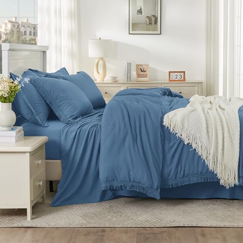 Image of Andency Queen Comforter Set with Sheets Sea Blue - 7 Pieces Boho Tassel Bed in a Bag Soft Lightweight Bedding Sets, Fringe Bed Set with Comforter, Sheets, Pillowcases & Shams
