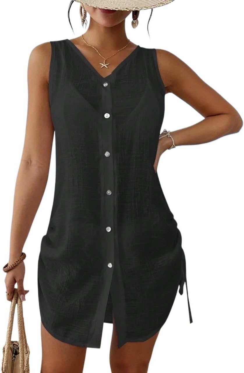 Women Solid Color V-Neck Single-Breasted Sleeveless Kimono Dress cover ups for swimwear