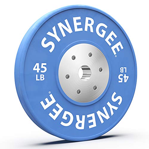 Synergee Competition Bumper Plate. 45lb Blue Olympic Weight Plate with Steel Inserts. Low Bounce Rubber, Steel and Chrome Bumper Plate. Sold in Singles.
