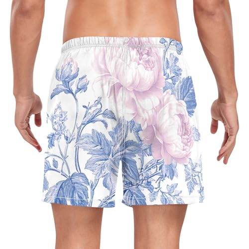 Mens Swim Trunks with Liner, Seamless Blue Floral Cool Quick Dry Beach Swim Shorts, Swimwear Bathing Suits S2