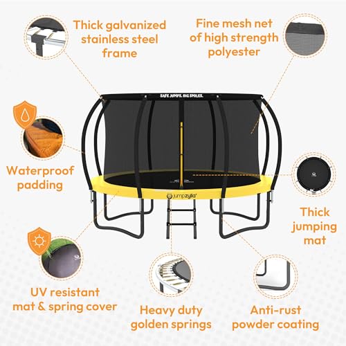 Image of JUMPZYLLA Trampoline Outdoor 8FT 10FT 12FT 14FT 15FT 16FT with Enclosure and Ladder, ASTM Approved Recreational Trampoline for Kids and Adults, Anti-Rust Coated Frame