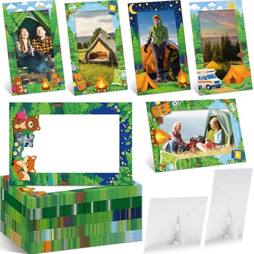 Image of AmazingSpark 50 Pack Camp Picture Frames Bulk, DIY Camping Craft Photo Frames for Classroom Camping Party Photo Booth, Woodland Table Decorations, 5 Paper Styles, 10 Each