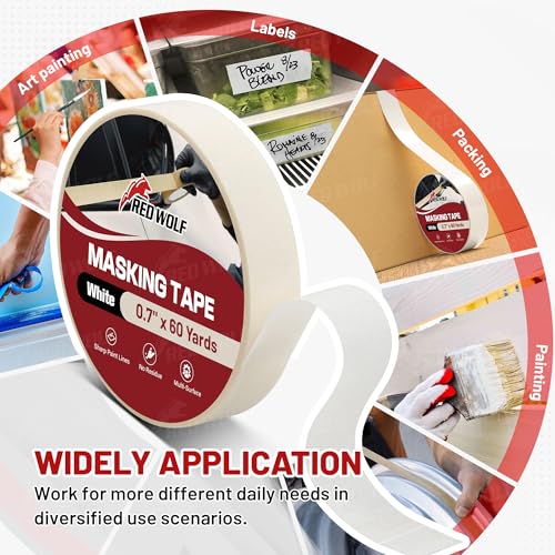 Image of RED WOLF 6 Pack Masking Tape 0.7 inch x 60 Yards, General Purpose for Painting Arts Crafts Label Car Painting, Sharp Paint Line No Residue Painters Tape White Beige Crepe Paper Tape Heat Resistance