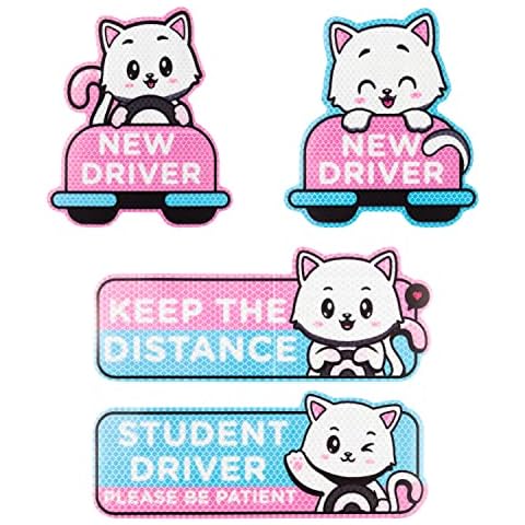 W1cwey 4pcs Cartoon Cat Student Driver Car Magnet, 9 Inch Cute New Driver Sign for Car Cartoon Reflective Student Driver Car Magnet Sticker Gift for Teen Girls Reusable Car Bumper Safety Sign Cover
