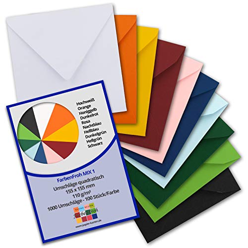 1000x kwadratowe koperty – pakiet kolorowy 1-15,5 x 15,5 cm – bez okienka, z klejeniem na mokro – 110 g/m² – na kartki zaproszeniowe na wesele, urodziny i więcej – seria FarbenFroh