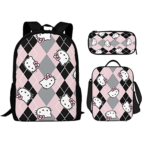 Cartoon Cute Cat Pattern Kids Backpacks Set for Girls School Backpack with Lunch Box Pencil Case