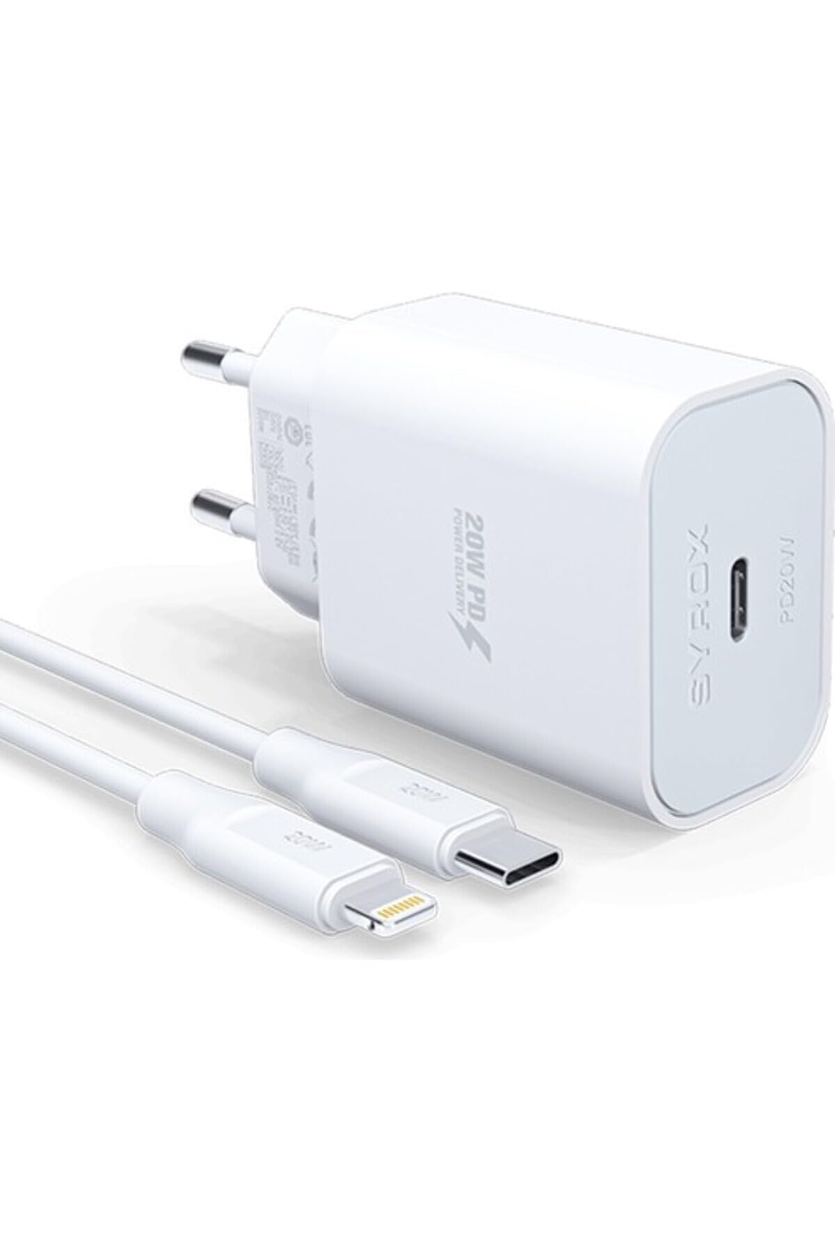 Syrox PD20L Şarj Aleti 3.0A PD20W Type-C To Lightning Kablo Set Beyaz