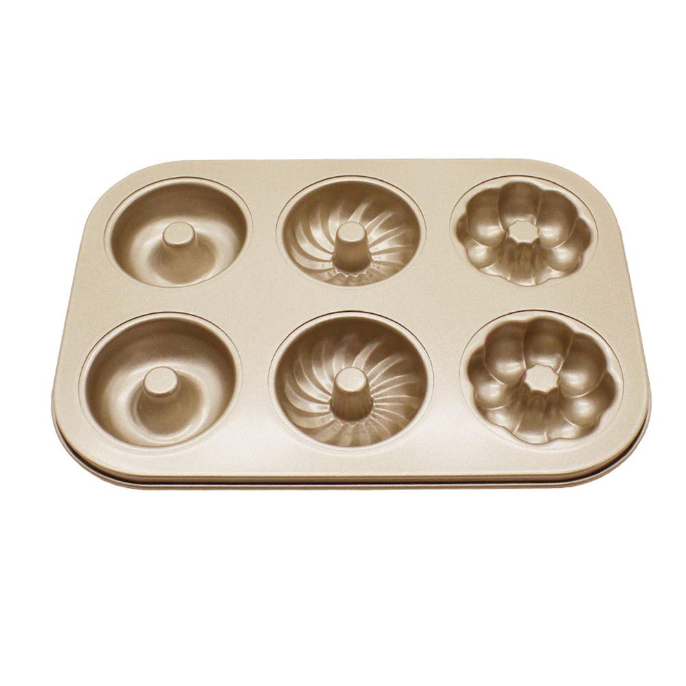 Mazaashop Donut Pan Carbon, 6 Cavity 3 Pattern Steel Non Stick Donut Baking Pans for Oven Baking (Champagne Gold)