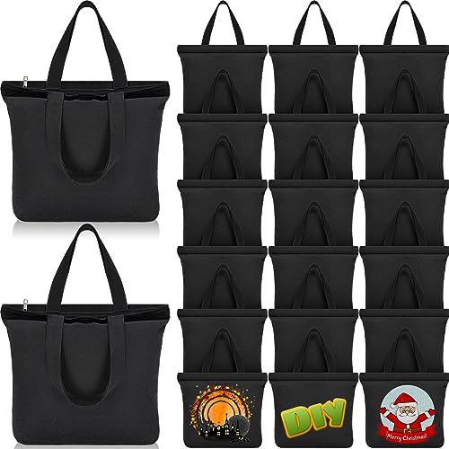 Silkfly 20 Pcs Canvas Grocery Bag Bulk Blank Tote Bag with Zipper Reusable Plain Handbag 16.5 x 13'' Cotton Handbag for DIY(Black)