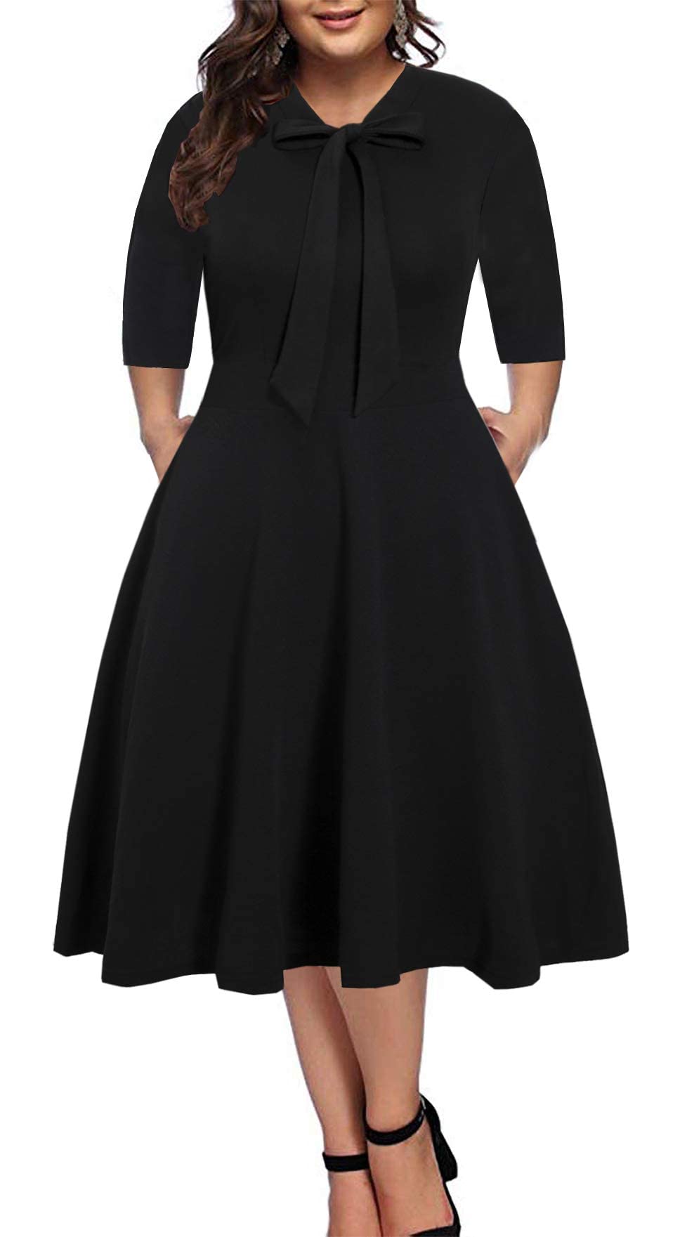 BEDOAR Womens Plus Size Dress Vintage Bow Tie Neck Casual Business Work Knee Length A-line Dresses with Pockets