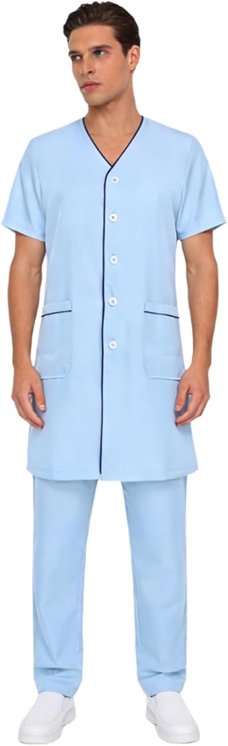 Mufeng Mens Beautician Scrub Jacket Short Sleeve Button Up Side Pocket Long Jacket Workwear