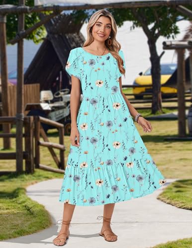 Image of Zeagoo Women Summer Midi A Line Dress Short Sleeve Casual Flowy Tiered Beach Long Sundress with Pockets 2026 Vacation Travel