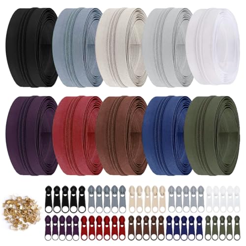 Reißverschluss Endlosreißverschluss mit Zipper, 30M 10 Farben Reisverschluss Endloses #5 Nylon Endlosreißverschluss Set mit 50 Zipper und 100 Endstück für Nähen, Basteln und Tasche (10 Farbe Dunkel)