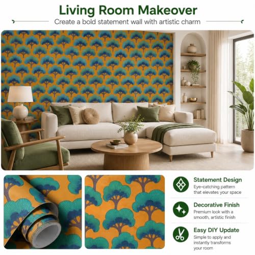 Image of Mustard Yellow & Teal Japanese Tree Peel and Stick Wallpaper - Modern Botanical Self Adhesive Wallpaper Roll for Living Room, Bedroom, Dining Room, Office, Cabinet
