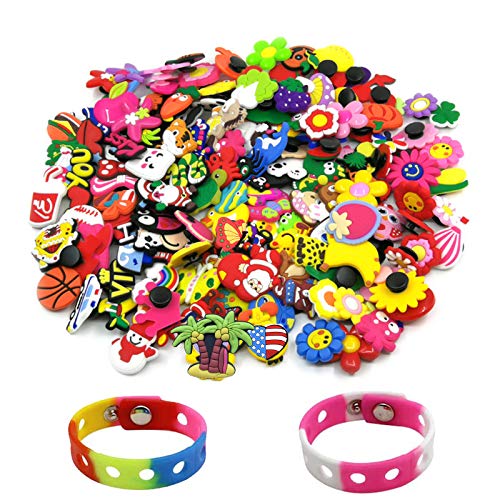 100 pcs Random Shoe Charms for Clog and 2 Bracelet Wristband,Cute Cartoon Decorations for Shoes,Gifts for Birthday Christmas Party Favors