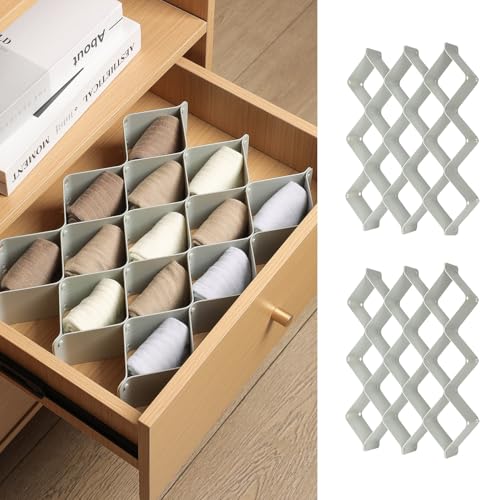ROUFA Sock Drawer Organizer for Dresser, Honeycomb Underwear Dividers for Women, Panty Separator for Bras, Socks, Belt and Leggings (2 Sets/12pcs,Grey)