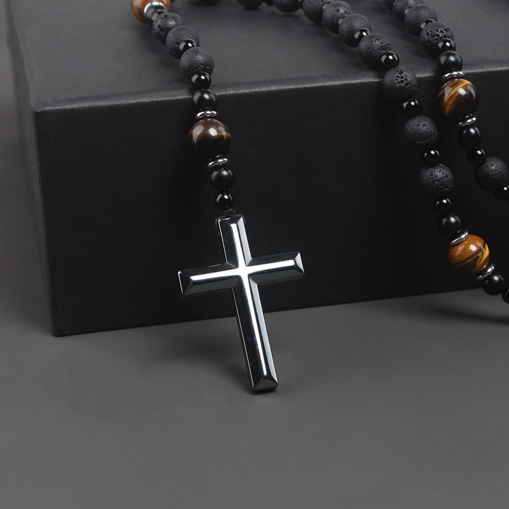 Tiger Eye Cross Necklace for Men, Obsidian Necklace, Hematite Cross Pendant Lava Rock Rosary Healing Crystal Necklaces