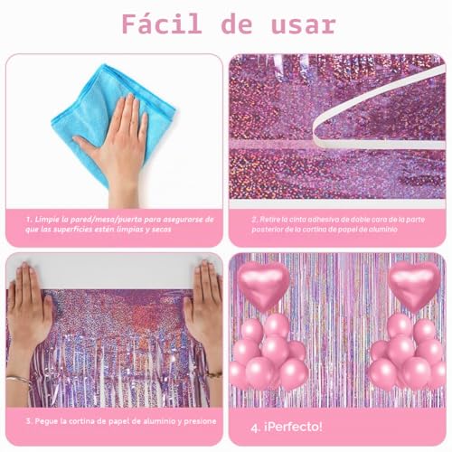 Miniatura 4 de Offcup Cortina De Oropel Rosa Claro, 3pcs Cortinas Metálicas Foil Fringe Cortinas Fiesta, 1m X 2m Flecos Rosa Claro Cortina De Borla, Para Decoración Pared Boda Cumpleaños Halloween Fiestas Navidad