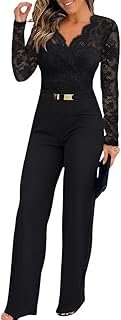 Womens Dressy Lace Jumpsuit Casual Fall Long Sleeve V-Neck Straight Leg ...