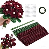 220 Stück Pfeifenreiniger zum Basteln, 2 Farben Pfeifenreiniger Blumen, mit Blumendraht,Perlen für Blumenstrauß DIY Basteln,Bunt Plüschdraht DIY Craft Projekte Rosensträuße(Grün,Rot) 