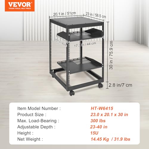 VEVOR 15U Open Frame Server Rack, 23-40 in Adjustable Depth, Free Standing or Wall Mount Network Server Rack, 4 Post AV Rack with Casters, Holds All Your Networking IT Equipment AV Gear Router Modem by VEVOR - Image 7