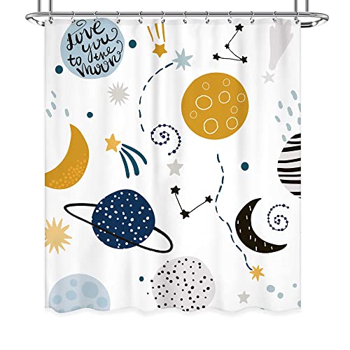 Ufeela Kids Boys Shower Curtain, Cartoon Planet Shower Curtain, Cute Universe Shower Curtain Bathroom Set, Baby Galaxy Space Print Cosmos For Boys Girls Kids Bath Curtain Accessories Decor 60Wx72L #TOP6