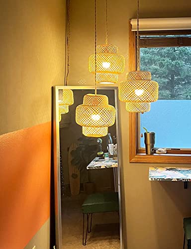 Plug In Pendant Light Rattan Hanging Lights With Plug In Cord Bamboo Hanging Lamp Dimmable,Handmade Woven Boho Wicker Basket Lamp Shade,Plug In Ceiling Light Fixture For Living Room Bedroom Kitchen #TOP2