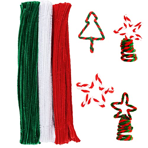150 Pieces Christmas Pipe Cleaners Chenille Stem 50 White Craft Pipe Cleaners 50 Green Chenille Stems Pipe Cleaners and 50 Red Pipe Cleaners for Arts and Crafts Xmas Home Decoration