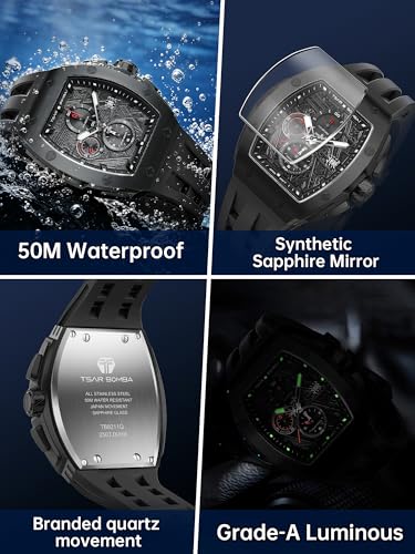 Image of Tsar Bomba Mens Watches Quartz Wristwatch for Men Waterproof 50M Analog Luxury Tonneau Chronograph Calendar Date Men's Dress Business Work Watch Gift for Men