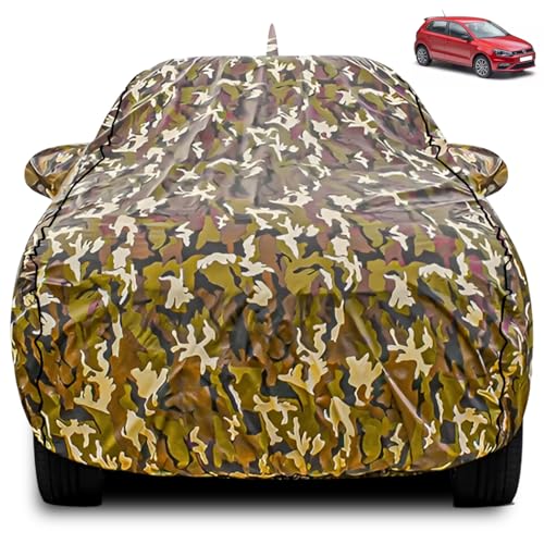Image of FABTEC Car Body Cover for Volkswagen Polo Jungle Print with Soft Cotton Lining Waterproof Car Cover UV & Rain Protection with Mirror and Antenna Pocket Bottom Elastic (Military /Camouflage Pattern)