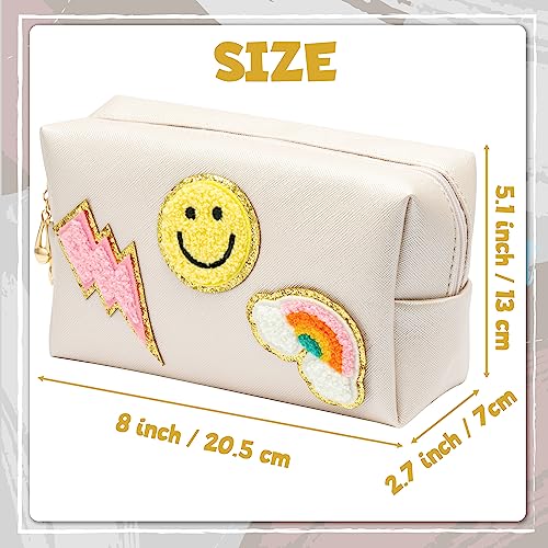 Lietoi Preppy Patch Cosmetic Toiletry Bag, Pu Leather Portable Waterproof Makeup Bag Smile Lightning Rainbow Organizer Compliant Bag Daily Travel Use Storage Purse For Women Girls (Large, Shell White) #TOP1