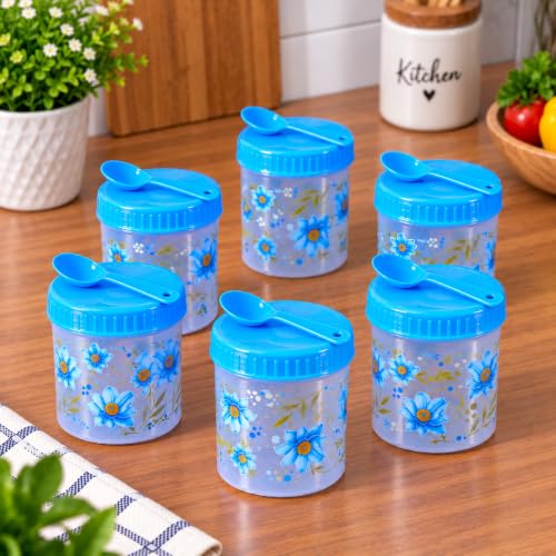 Image of Kitchen Storage Containers Set of 6 with Blue Lids & Spoons, Multipurpose Plastic Airtight Storage Jars for Spices, Pulses, Dry Fruits, Snacks & Kitchen Organization