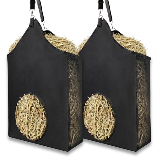 Horse Hay Bag Feeder, Slow Feed Hay Bag Suitable for Goats, Donkeys, and Horses, with Metal Ring and Adjustable Strap (2 Pack)