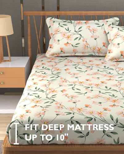 Image of FRESH FROM LOOM King Size Microfiber Floral Print Fitted Bedsheet - 240 TC, Hypoallergenic, Includes 2 Pillow Covers (Size - 78 x 72 Inches (Fits up to 10 Inch) | Barely-Peach)