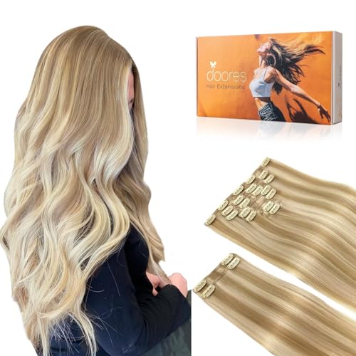 DOORES Clip in Human Hair Extensions, Dark Blonde Highlighted Bleach Blonde 150g 9pcs 20 Inch, Remy Hair Extensions Clip in Real Natural Hair Extensions Straight Thick