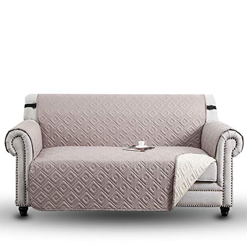 Hafaa Sofa Cover 3 Seater - Waterproof Sofa Slipcovers Reversible Furniture Sofa Protectors from Pets with Adjustable Elastic Straps and Hooks Embossed Quilted Couch Covers - Beige & Cream