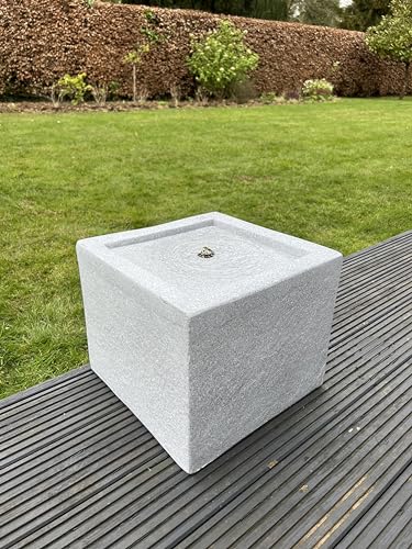 allpondsolutions Square Water Feature with LED Lights in Light Grey, Freestanding, 3m Cable - 37x37x30cm