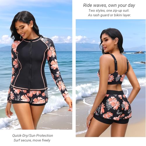 3 Piece Rash Guard for Women - Long Sleeve Swimsuits with Shorts SPF Zip up Swim Shirt with Built in Bra4