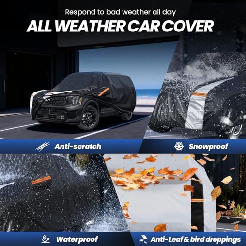Image of Multi-Layer Car Cover Custom Fit for Kia Telluride(2016-2026), 100% Waterproof All Weather for Automobiles, Gift with Towel, Heavy Duty Car Covers for Rain Sun UV Protection with Door Zipper