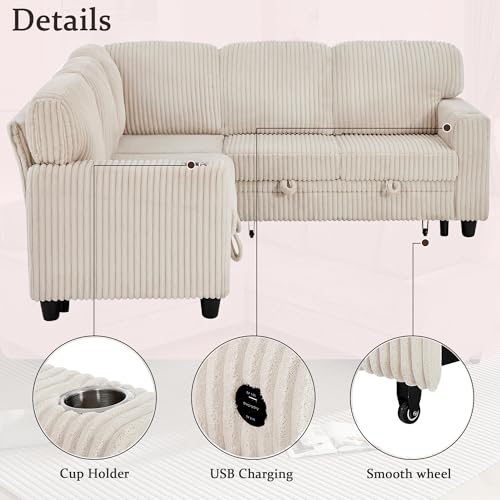 Image of KEIKI 81 inch L-Shaped Oversized Corduroy Modular Sectional Sleeper Sofa with Pull-Out Bed, Storage Seat, Modern 5-Seater Upholstered Couch Bed with Charging Station, Easy Assembly, for Living Room, Beige