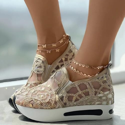 Platform Wedge Sneakers for Women Floral Embroidery Mesh Slip-On Breathable Non-Slip Arch Support Lace Chunky Sole Hidden High Heels2