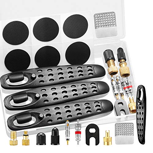 Osgow 15PCS Bike Tire Patch Repair Kit, Include Bicycle Bike Tire Levers, Tire Spoons, Pre-glued Patch Puncture Repair Kit, Valve Adapter, Valve Core Tool, Suitable for Mountain and Road Bikes