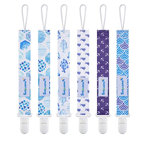 Smlpuame Baby Schnullerkette Junge,6 Stück BPA-Frei Schnullerband Stoff Junge,Schnuller Kette Nuckelkette Passen Die Meisten Schnuller und Beißspielzeug,Dummy Clips für Baby Geburt Geschenk(Meer)