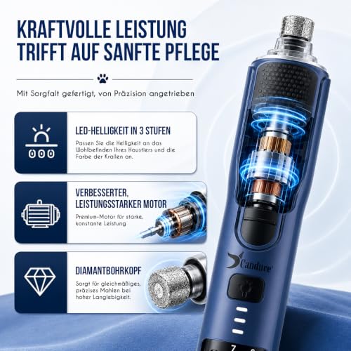 Candure Krallenschleifer für Hunde bis zu 7-Gang Hundepfoten Trimmer, Geräuscharmer Wiederaufladbarer Haustier Krallenschleifer mit 360° LED-Lichtern (Marineblau, Für alle Haustiergrößen)