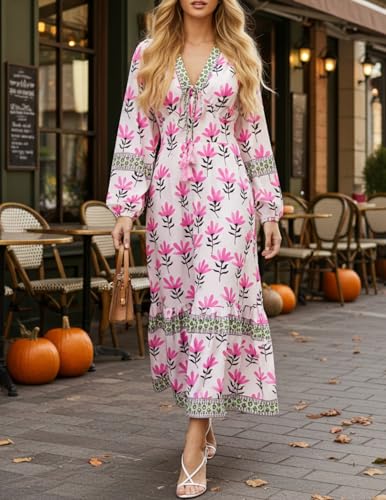 Image of Sunny Spirit Womens Maxi Boho Dresses Floral Print Summer V Neck 2025 Flowy Tassel Long Casual Dress with Long Puff Sleeves