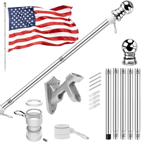 5 FT Flag Pole kit and American Flag 3x5ft with Pole Kit for Outside Heavy Duty Flag Pole 5FT with 3x5ft American Flag Stainless Steel Aluminum Multi-Position Flag Pole with Bracket Holder (silver)