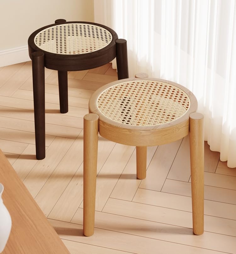 ラタン編み×オーク スタッキングスツール 2脚セット ラタンスツール二