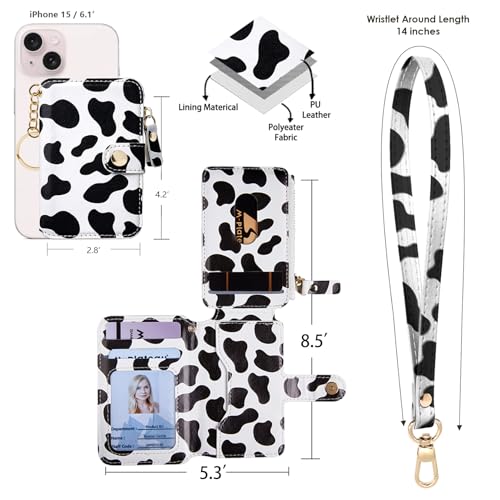 Image of M-Plateau RFID Blocking Keychain Wallet With Leather Wrist Strap | Keychain Wristlet, Womens Card Holder with Zipper Coin Pocket and ID Window (Cow Print)
