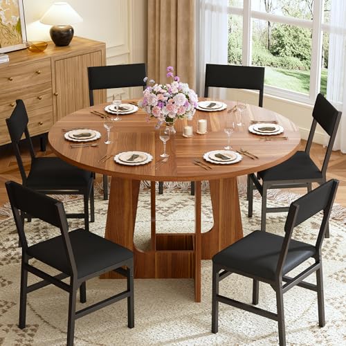 HUAHUU Round Dining Table Set for 6, 7-Piece Kitchen Table and Chairs for 6, 47'' Round Dining Room Table Set with 6 Chairs, Space Saving Dining Table with Wood Base for Kitchen, Living Room, Brown